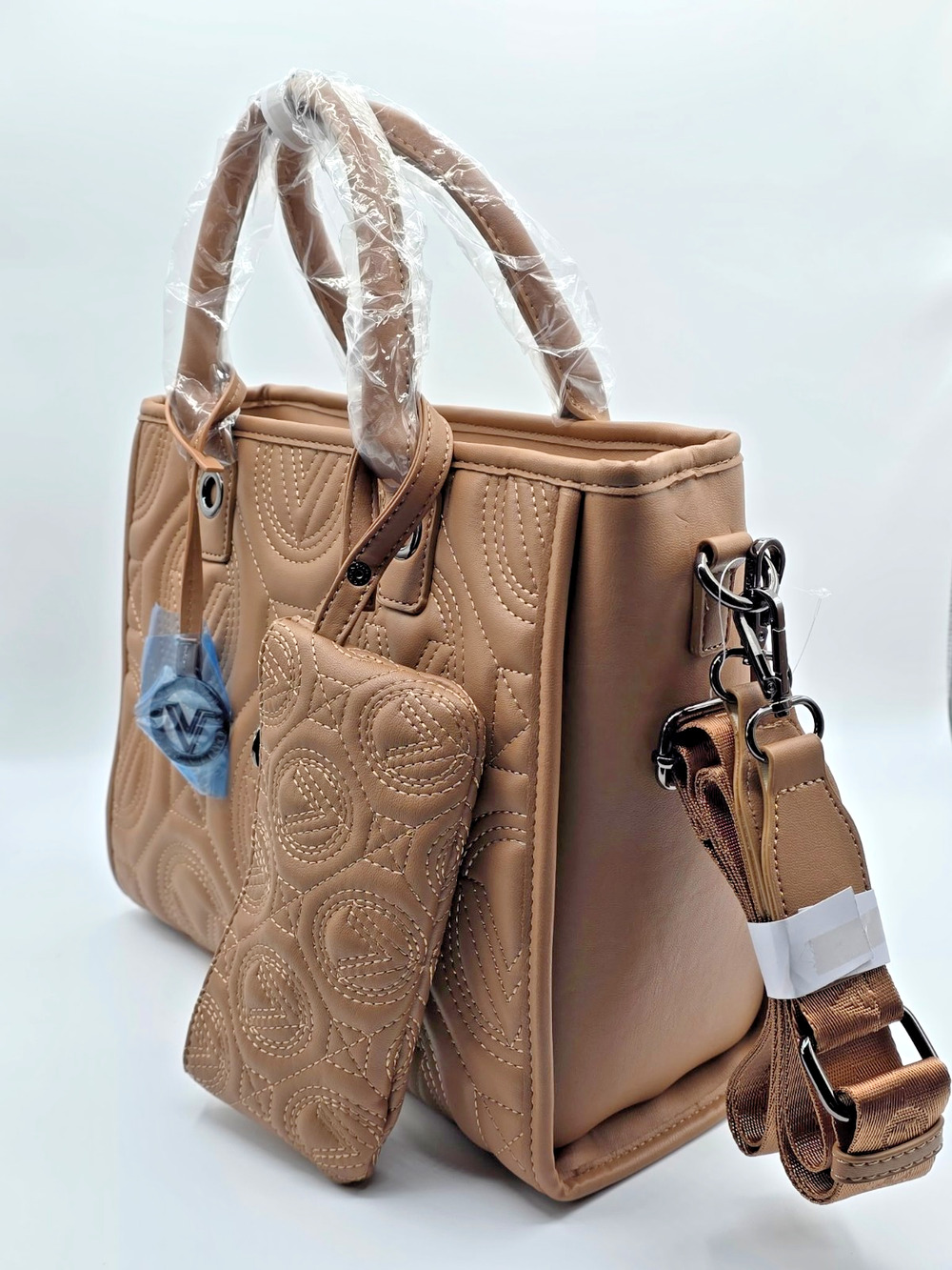 Valentino Orlandi Taupe Quilted Logo Tote Satchel Crossbody Bag NWT